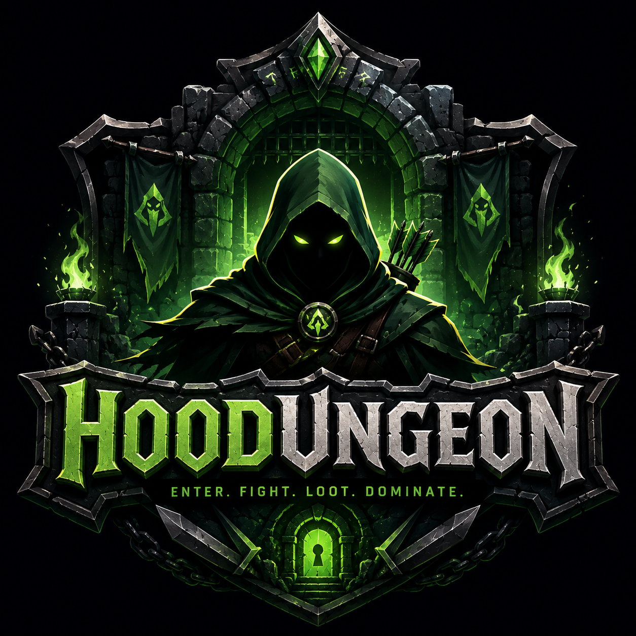 Hoodungeon — hooded figure at the dungeon gate